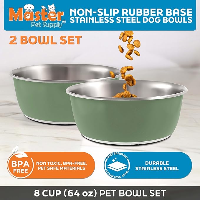 Master Pet Supply Stainless Steel Dog Bowls Set of 2 (64 Oz Each) with Non-Slip Rubber Base - Camo Patrol - Basic Dog Food Bowl Water & Food Bowls for Small Medium Large Dogs & Cats, Metal Dish