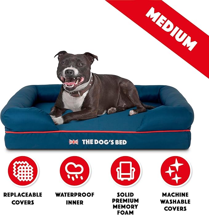 The Dog’s Bed Orthopedic Memory Foam Dog Bed with Bolsters, Oxford Fabric, Blue with Dark Red Trim, Medium