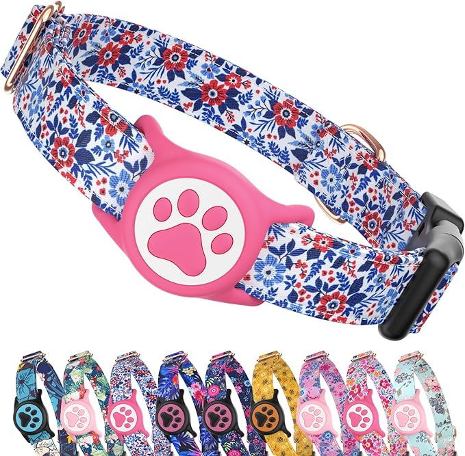 WhoseID Airtag Dog Collar,with Waterproof airtag Holder，Original Stylish Cute Pattern Design.QR Code ID Buckle，Comfortable Soft Cotton for Small Medium Large Dogs