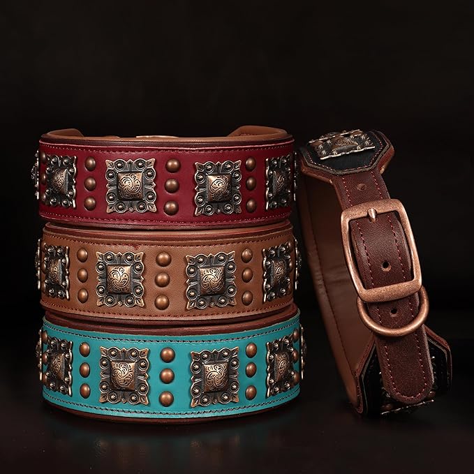 PET ARTIST Upgrade Padded Leather Dog Collar, 2 inch Wide Genuine Leather Dog Collars with Strong Studded Rivet & Metal Buckle, Adjustable Large Dog Collar for Pit Bull Doberman,Green,Neck 19-22"