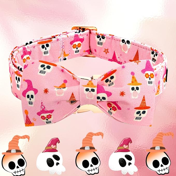 Elegant little tail Halloween Dog Collar, Skull Print Pet Collars with Bow Puppy Collar Bowtie Female or Male Cotton Adjustable Collars for Small Medium Large Dogs