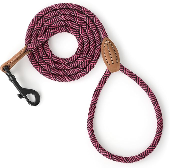Mile High Life Small Dog Leash, Thin Rope Leash with Genuine Leather Connection and Heavy Duty Metal Clasp, Great for Small Medium Dogs(Pink,60 Inch-1/3)