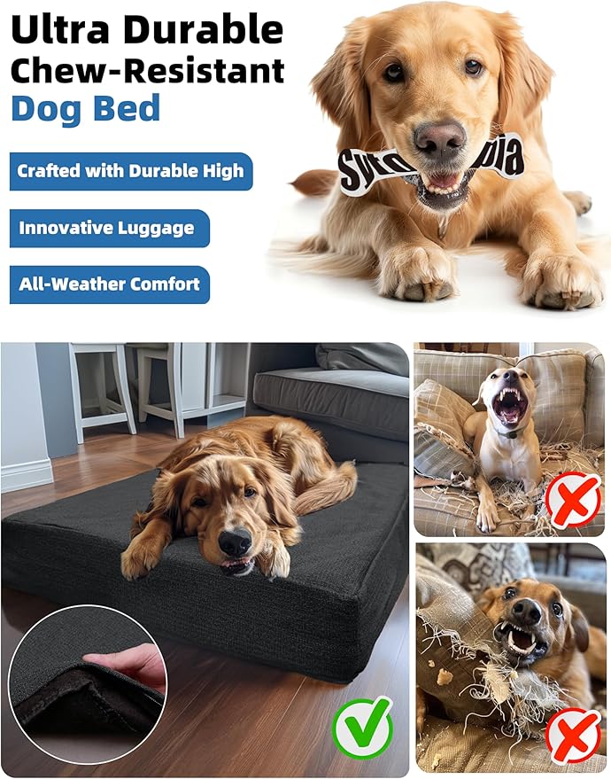 Sytopia Indestructible 36 Inch Orthopedic Waterproof Dog Crate Bed chew Proof for Large Dogs, Removable Washable Cover, Egg Crate Foam Mat, Suitable for Dogs Up to 60 Lbs, Dark Grey