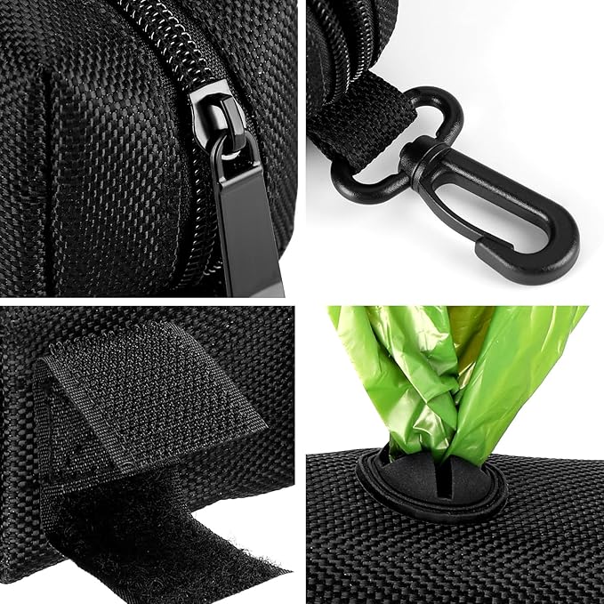 Dog Poop Bag Dispenser for Leash Accessory, 2 Packs (Black), 16 Rolls, Hand Free Holder & Bag, Fits Dog Leash, Animal Waste