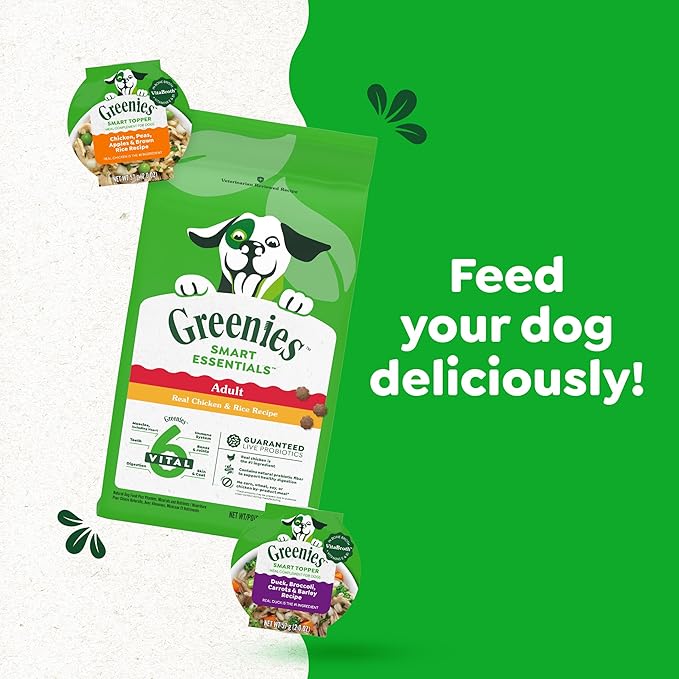 Greenies Smart Topper High Protein Wet Mix-in for Dogs, Chicken, Peas, Apples, and Brown Rice Recipe & Duck, Broccoli, Carrots and Barley Recipe Variety Pack with Whole Grains, 8 Trays of 2 oz.
