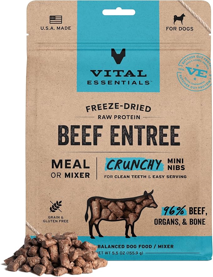 Vital Essentials Freeze Dried Dog Food, Raw Beef Crunchy Mini Nibs | Complete Meal or Mixer | High Protein, Low Carb, Grain Free, Dry Dog Food | 5.5 oz