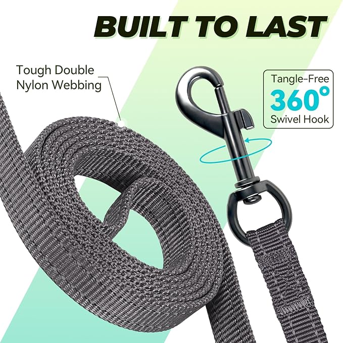 VIVAGLORY Twingrip Dog Leash, Double Handle Dog Leash for Training & Walking with Traffic Handle & 2 Loop, Traffic Control Reflective Heavy Duty for Puppy Pet, 6ft x 1/2in, Grey