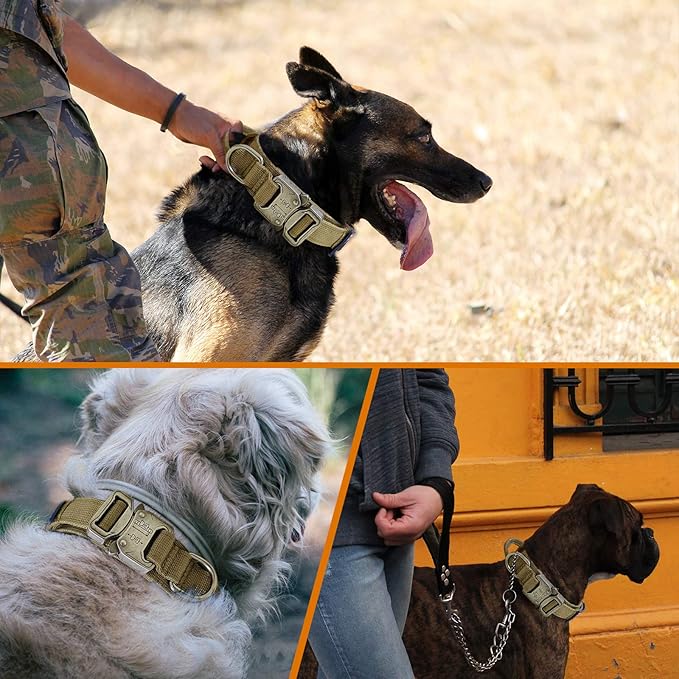 Military Dog Collar, Adjustable Nylon, Heavy Duty Metal Buckle with Handle, Includes Airtags Case Cover and Patches, Brown, XL, Suitable for Large Dogs