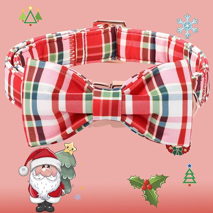 DOGWONG Christmas Dog Collar with Bow Tie - Christmas Red Plaid Puppy Collar, Adjustable Red Checkered Dog Collars for Girl Boy Dogs, M