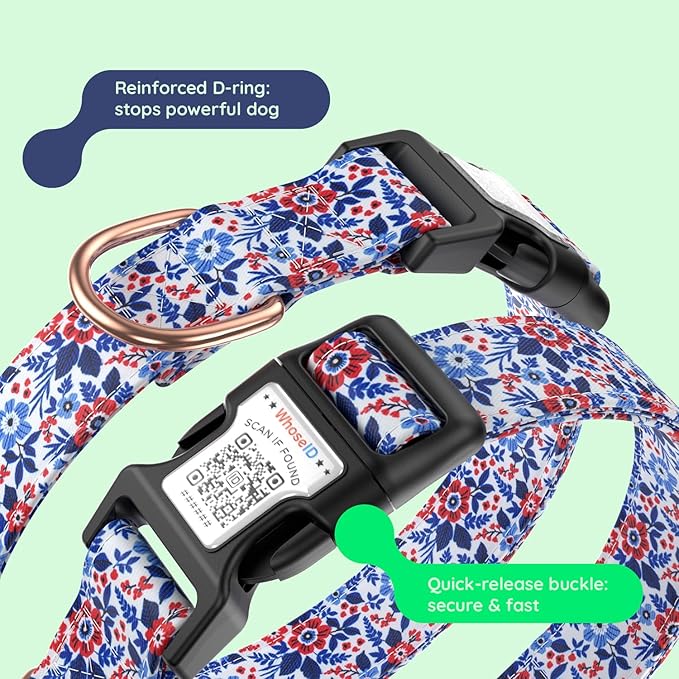 WhoseID Airtag Dog Collar,with Waterproof airtag Holder，Original Stylish Cute Pattern Design.QR Code ID Buckle，Comfortable Soft Cotton for Small Medium Large Dogs