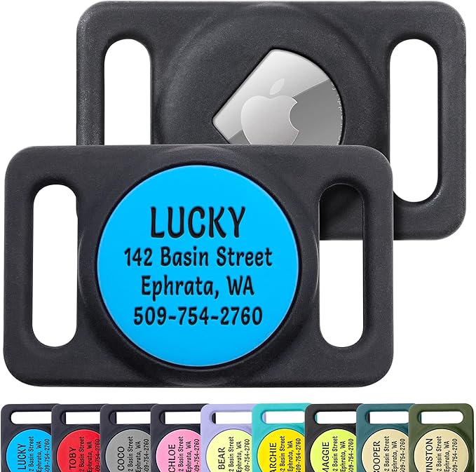 GoTags Designed for Airtag Engraved Dog Collar Holder, Personalized Case for Pet Collar, Up to 4 Lines of Custom Text, Slide On Tag for GPS Dog Tracker, Compatible with Apple iPhone (Solid, Large)