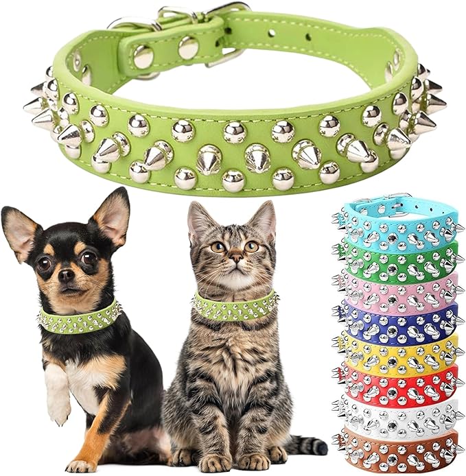 Green Spiked Dog Collar for Small Dogs, Boy Spike Puppy Collars Leather Mushrooms Rivet Male Studded Cat Collars Adjustable for Kitten XXS XS S Medium Large Dogs, XX-Small