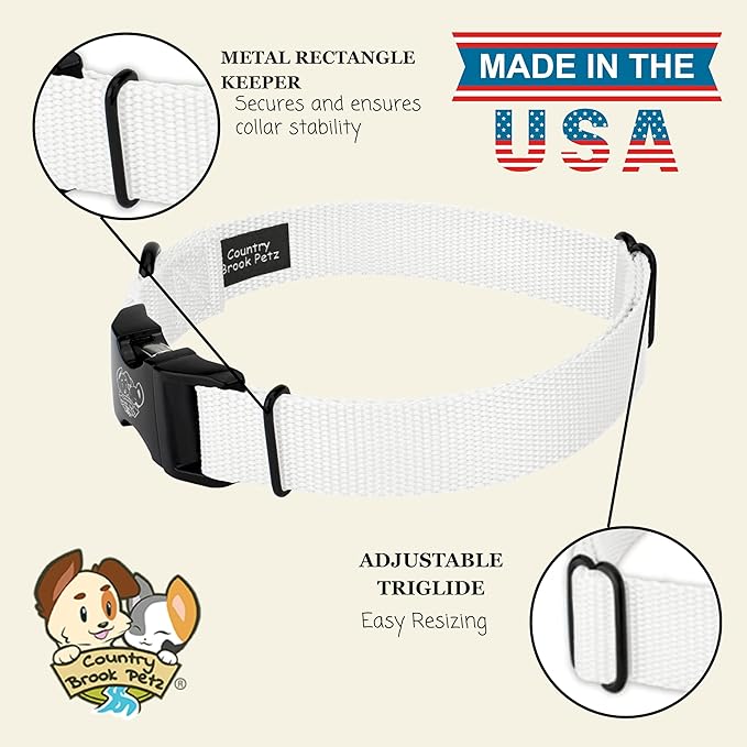 Country Brook Petz - Premium Nylon Dog Collar with Metal Buckle for Small Medium Large Breeds - 10+ Cool Colors (Medium, 3/4 Inch, White)