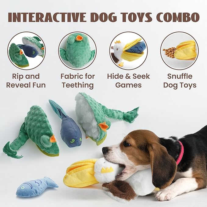 Nocciola Rip and Reveal Squeaky Dog Toys 2 Pack, Plush Animal Puzzle Set Frog & Pelican Suprise Toys Inside with Squeaker Crinkle Part Enrichment Toys for Large Medium Dogs