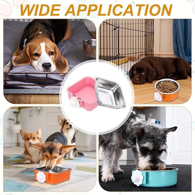 Crate Dog Bowl, Removable Stainless Steel Pet Cage Hanging Anti-Overturn Food Water Feeder Cage Cup (2Pcs, Square, Pink/Light Blue, 17.7oz), Intended for Puppies/Cat/Rabbit/Bird