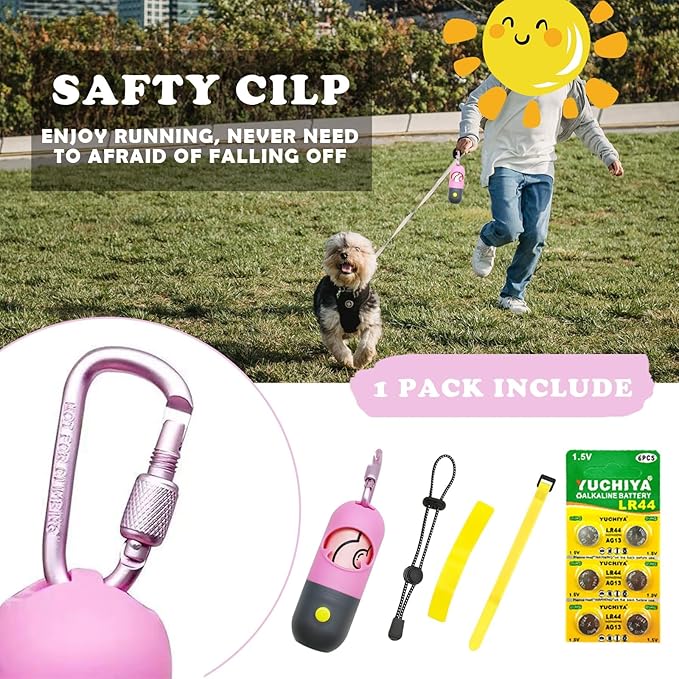 Dog Poop Bags Holder with LED Flashlight|Pet Waste Bags Dispenser for Leash|Doggie Potty Bags Container with Leak-proof Pet Trash Bags and Accessories (1 Holder 15 Bags, Pink)