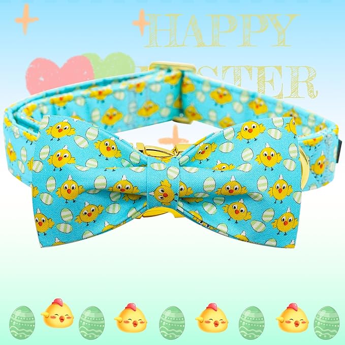 Elegant little tail Easter Dog Collar, Blue Chicken Eggs Print Dog Collar with Bow Puppy Collars Boy Pet Gift Puppy Bowtie Adjustable Pet Collars for Small Dogs