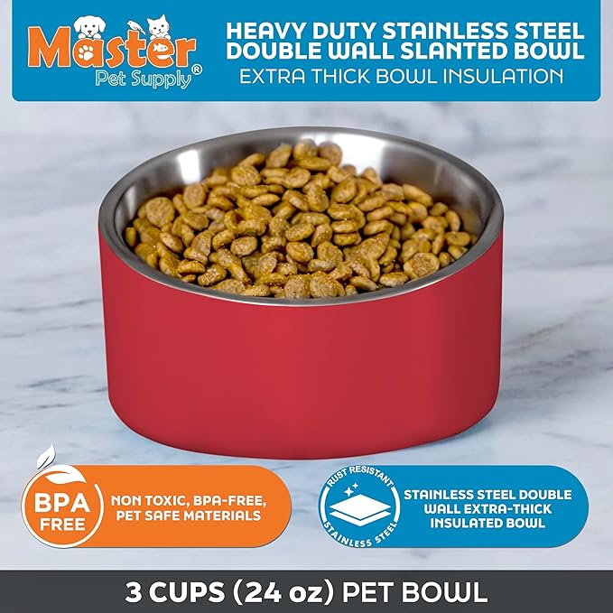 Master Pet Supply Stainless Steel Slanted Dog Cat Food Bowl - 24 oz Heavy Duty - Crimson Flame, Double Wall Insulated, Non-Slip Elevated Bowl for French Bulldogs Pugs Cats, Anti Rust Dishwasher Safe