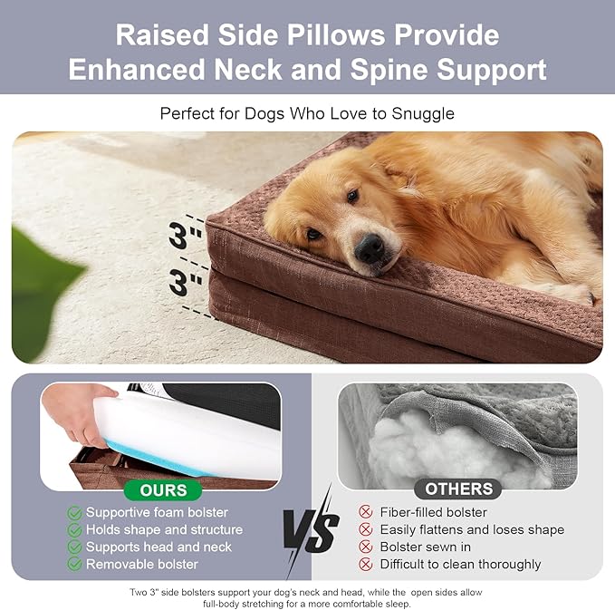 Orthopedic Dog Beds for Large Dogs, Memory Foam Dog Beds Large Sized Dogs, Washable Removable Cover, Nonskid Bottom, Waterproof, for Indoor, Outdoor, Crate ＆ Car Use, 44x32x6 Inches, Brown Grey
