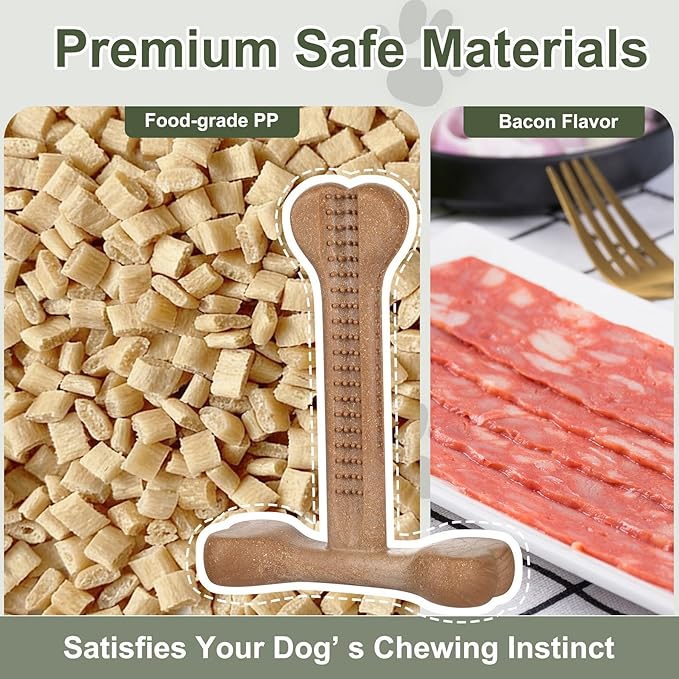 Dog Chew Toy for Aggressive Chewers T-Shaped Tough Dog Bone Toys for Small Medium Large Breed to Keep Them Busy (Small-Under 20LBS, Bacon Flavored)