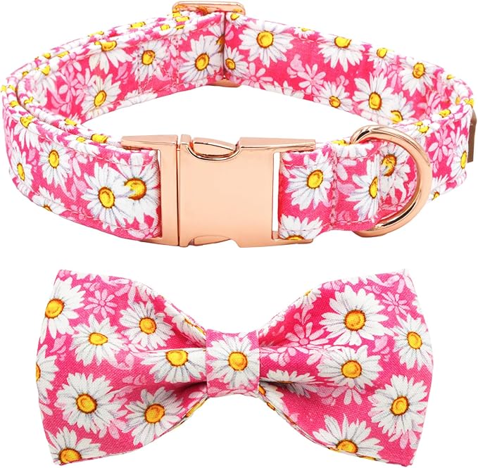 Tunkoo Pink Daisy Dog Collar with Cute Flower Bow Tie, Adjustable Premium Cotton Collar Durable Metal Buckle for Small Medium Large Boys Girls Dogs, M