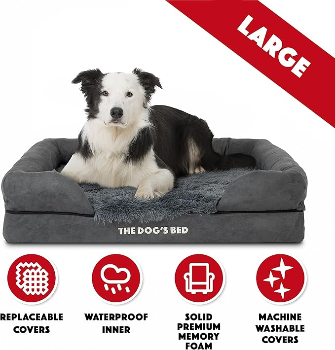 The Dog’s Bed Orthopedic Memory Foam Dog Bed with Bolsters, Fur Fabric, Grey Fur, Large