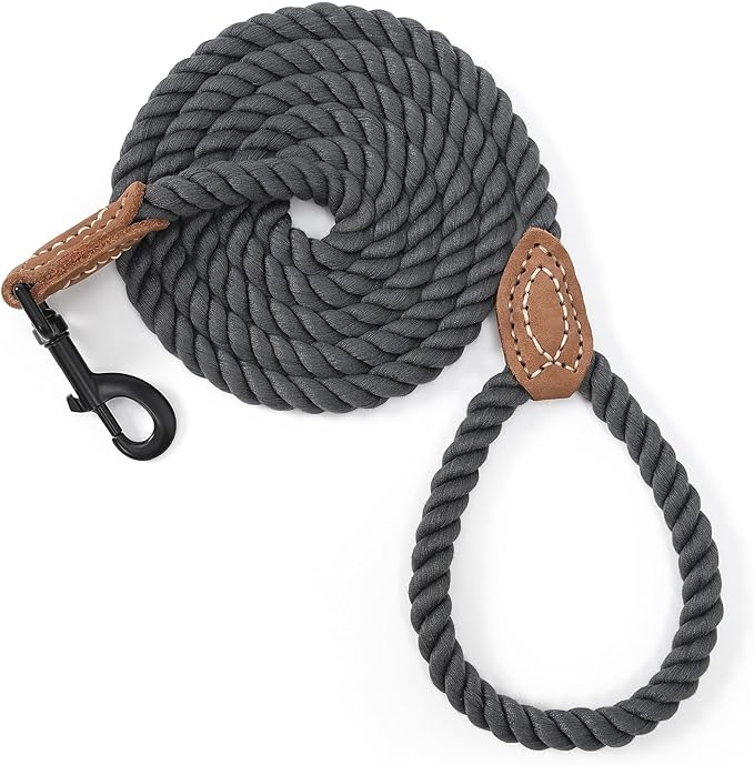 Mile High Life Dog Leash, Braided Cotton Rope Leashes with Leather Tailor Tip with Leather Tip - Heavy Duty Metal Clasp, 6FT, 1/2" Thick - Wedding, Walking for Medium Large Dogs(Dark Gray)