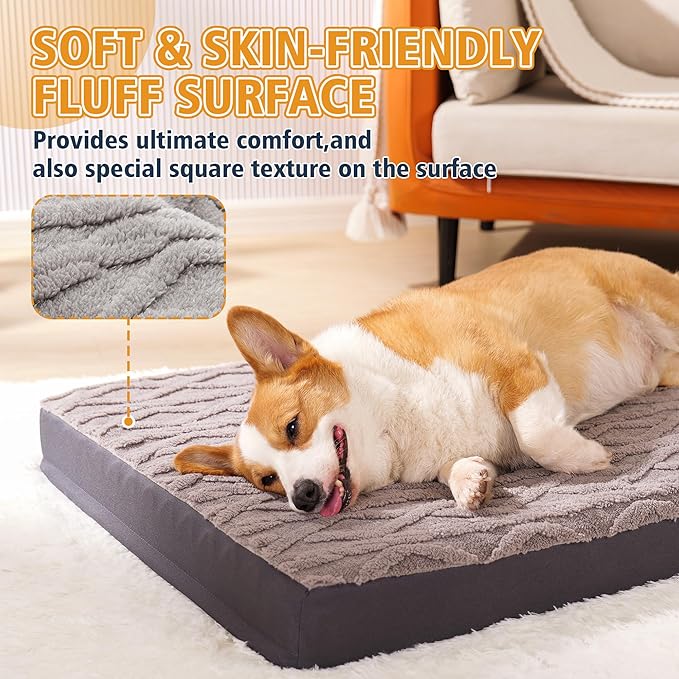 XL Orthopedic Dog Bed - Waterproof Plush Pet Mattress with Removable Washable Cover and Non-Slip Bottom, Memory Foam Dog Bed for Crate, 41"x27" Grey