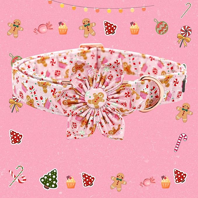 Elegant Little Tail Dog Collar With Flower - Christmas Plaid Adjustable Collar for Medium Dogs and Girl Pets