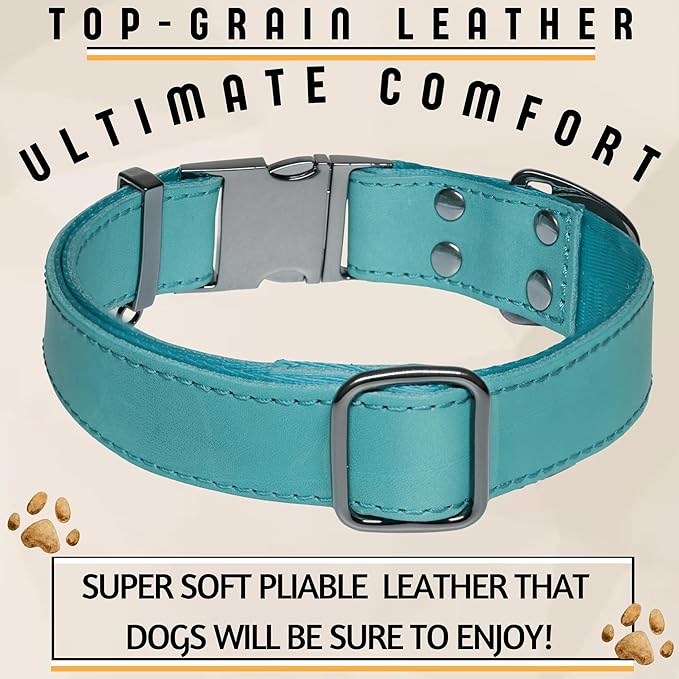 ADITYNA Leather Dog Collar with Metal Buckle - Heavy-Duty, Adjustable for Medium & Large Dogs - Walking, Training, Hiking (Blue, Fits 15-21" Necks)