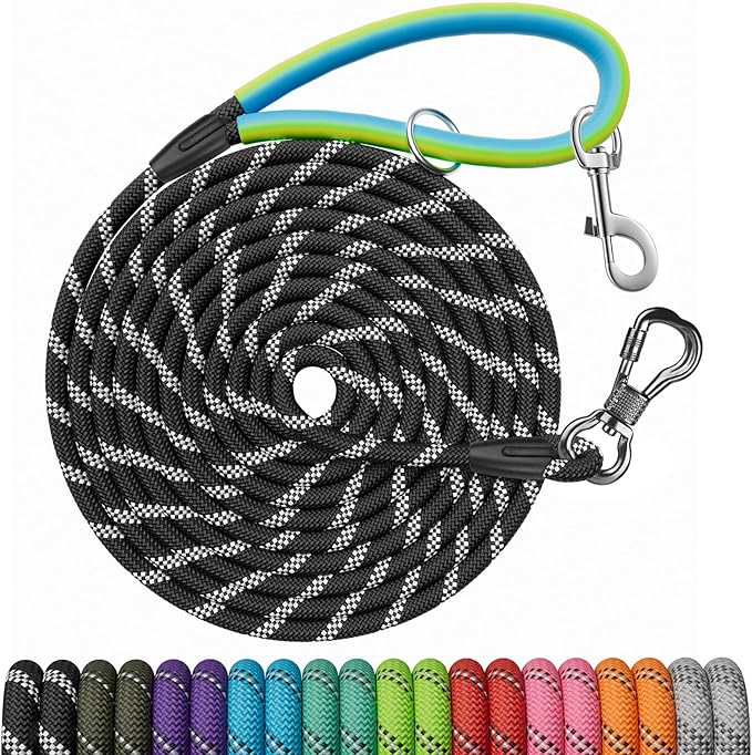 NTR Long Dog Leash, Rope Lead 50 Feet, with 2 Swivel Hooks, Reflective Threads and Comfortable Padded Handle, Puppy Leash for Walking, Hunting, Camping, Backyard for Small Medium and Large Dogs-Black