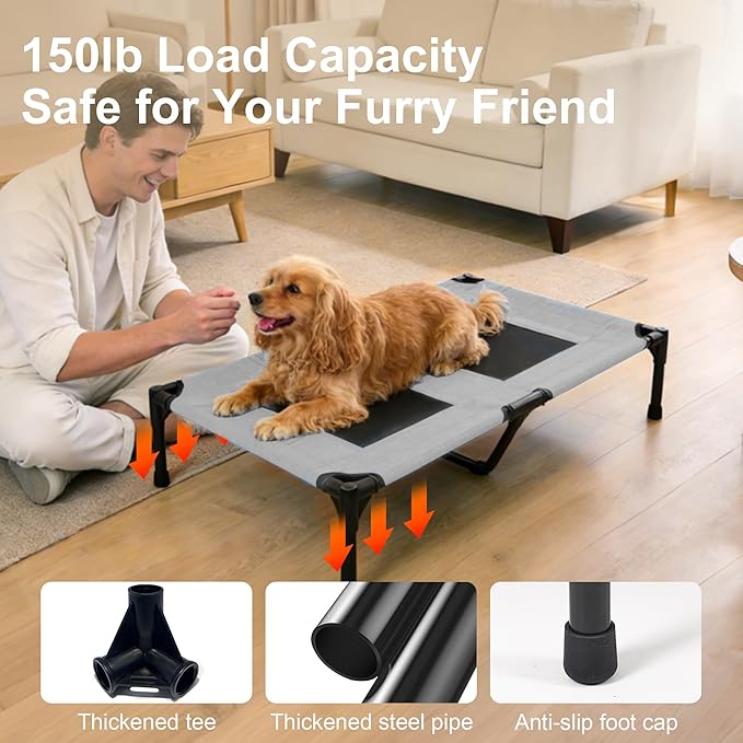 Dog Beds and Furniture, Raised Pet Cot for Medium and Large Dogs, Cooling Breathable Mesh, Durable Sturdy Frame, Washable Cover, Portable and Easy to Assemble Indoor/Outdoor Pet Bed, Grey, M