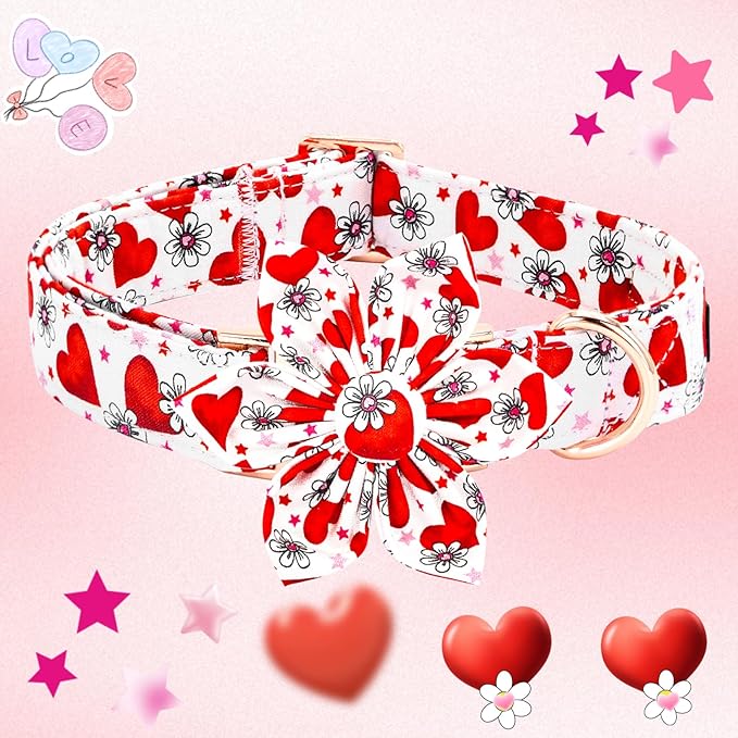 Elegant little tail Valentine's Dog Collar with Flower, Cute Flower with Heart Pet Collars Holiday Female Adjustable Cotton Pet Collar with Flowers for Small Medium Large Dogs