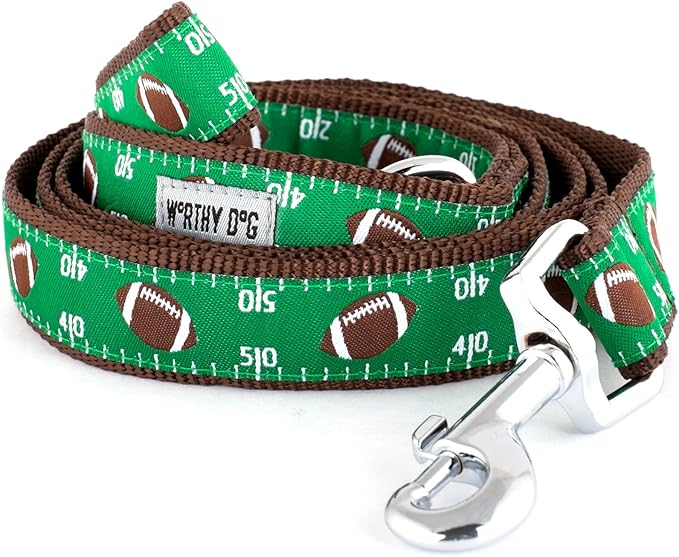 THE WORTHY DOG 5 FT Nylon Dog Leash for Medium to Large Dogs, Metal Quick Clip, Football Field Pattern, Green, Large