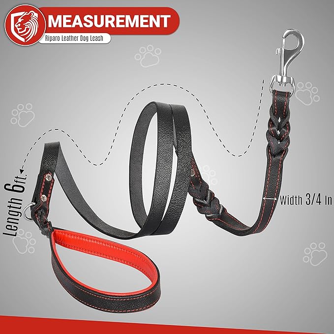 Riparo Leather Dog Leash 6ft with 2 Handles Padded Leash for Extra Control, Leather Dog Leashes for Large Breed Dogs Training Walking Heavy Duty Leashes for Dogs (Black/Red Thread, L: 3/4" x6ft)