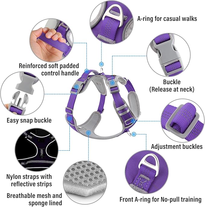 Plutus Pet No Pull Dog Harness, Release at Neck, Reflective Adjustable Dog Vest Harness, Easy Control Handle for Walking, for Small Medium Large Dogs, Purple, L
