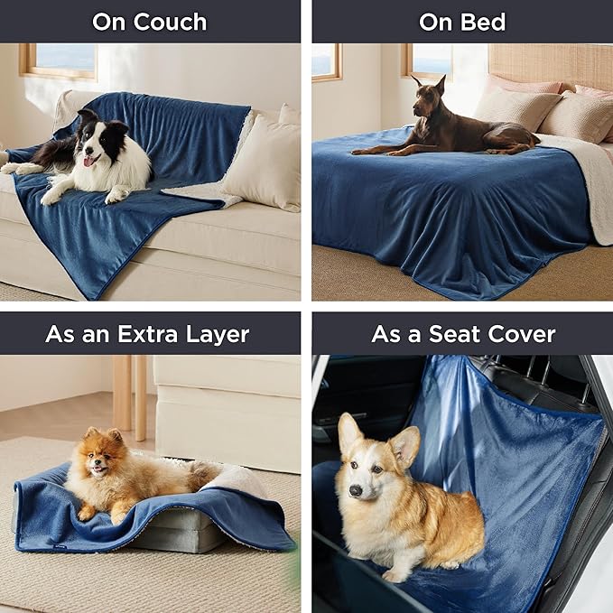 Bedsure Waterproof Blanket for Bed - Sherpa Fleece Waterproof Dog Blankets for Large Dogs, Pet Blankets for Bed/Couch/Dog Crate, Soft Plush Reversible Furniture Protector, King Size, 108"x86", Blue