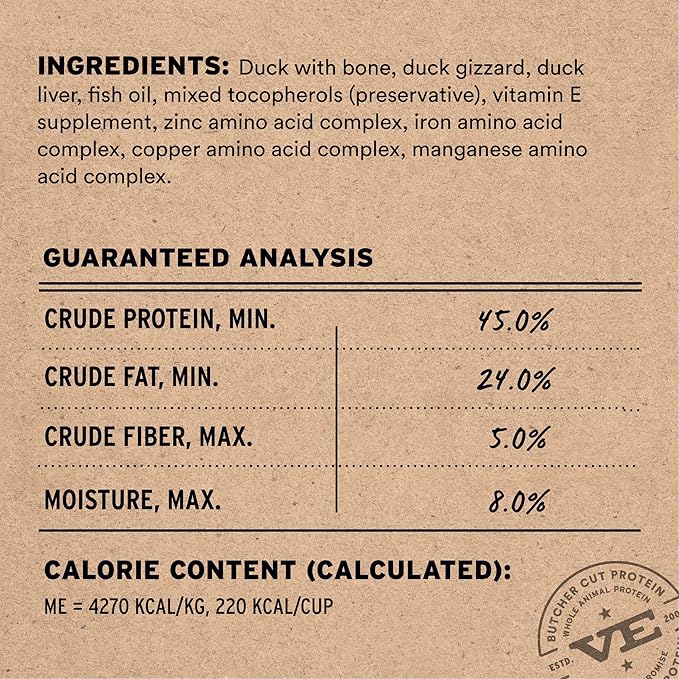Vital Essentials Freeze Dried Dog Food, Raw Duck Crunchy Mini Nibs | Complete Meal or Mixer | High Protein, Low Carb, Grain Free, Dry Dog Food | 5.5 oz
