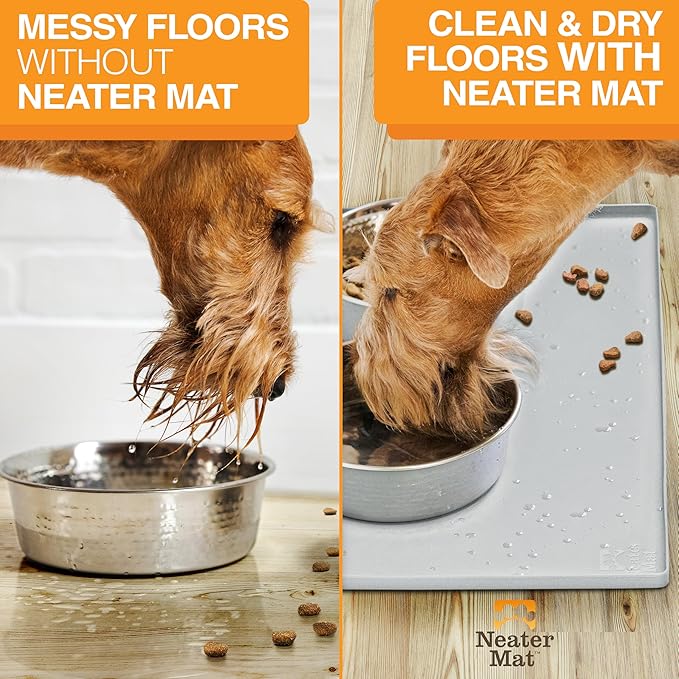 Neater Pet Brands Neater Mat Pet Mats for Food and Water, Cat & Dog Bowl Mat Waterproof Silicone, Feeding Tray, Dog Food Mats for Floors, Placemat w/Raised Edge for Under Bowls, 19” x 12”, Light Gray