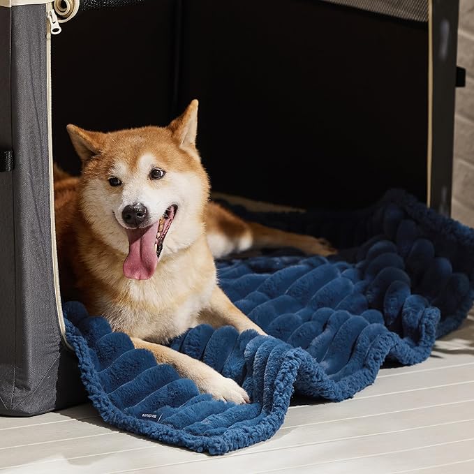 Bedsure ComfyFleece Waterproof Dog Blankets for Large Dogs - Soft Pet Cat Blanket Corduroy Fleece for Couch Protector Washable, Cozy Calming Reversible Furniture Protection,40"x50", Navy Blue