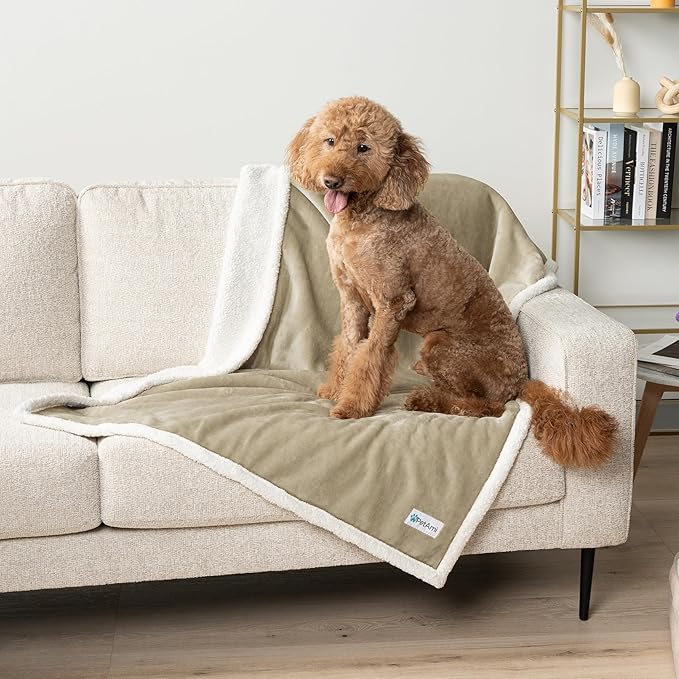 PetAmi Waterproof Dog Blanket for Queen Bed Large XL Dog Throw for Couch Cover Leakproof Furniture Protection, Sherpa Fleece, Reversible Soft Washable 90x90 Taupe