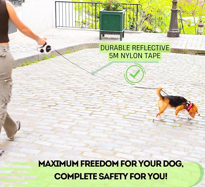 Snuggle Paws All-in-One Retractable Dog Leash 16ft – LED Flashlight, Poop Bag Holder, Chew-Proof Cable, Reflective Tape, No-Tangle – Heavy Duty for Large Dogs up to 110 lbs