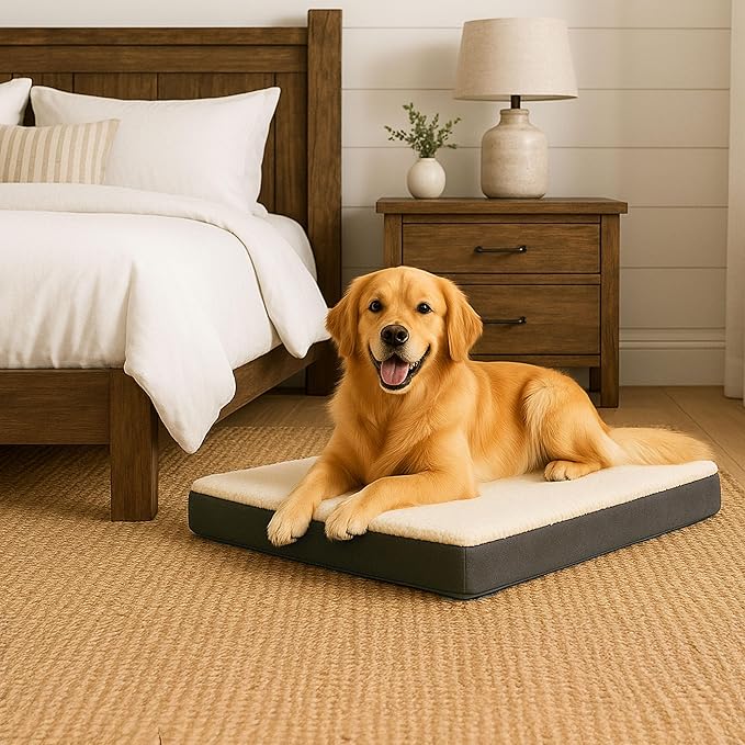 Orthopedic Dog Bed - 2-Layer 36x27-Inch Memory Foam Pet Mattress with Machine-Washable Sherpa Cover for Large Dogs up to 65lbs by PETMAKER (Gray)