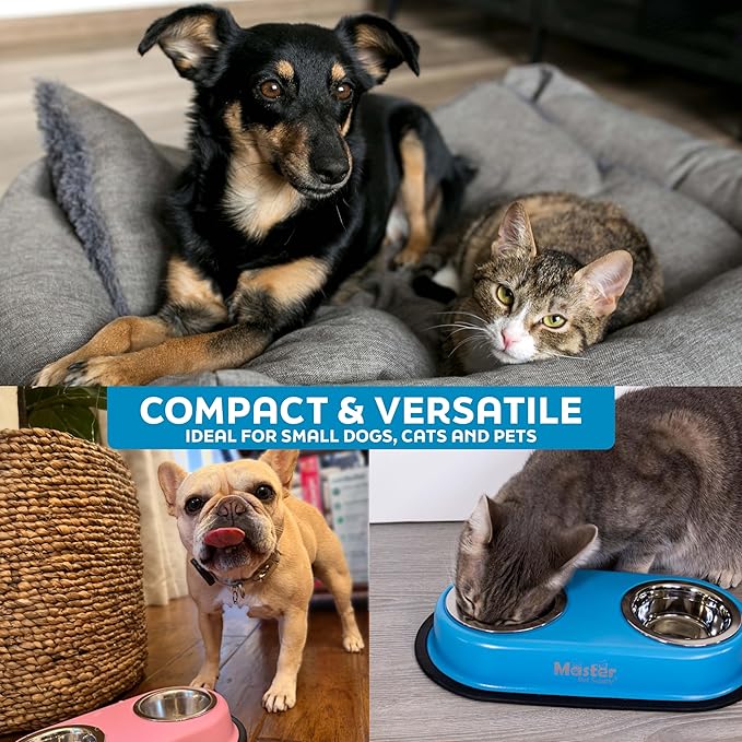 Master Pet Supply Double Dog Bowls Set with Elevated Base and 2 (8 oz) Stainless Steel Removable Dishes (True Blue) – Double Cat Food Water Bowl, Dog Puppy Food Bowl Set, Rust Resistant