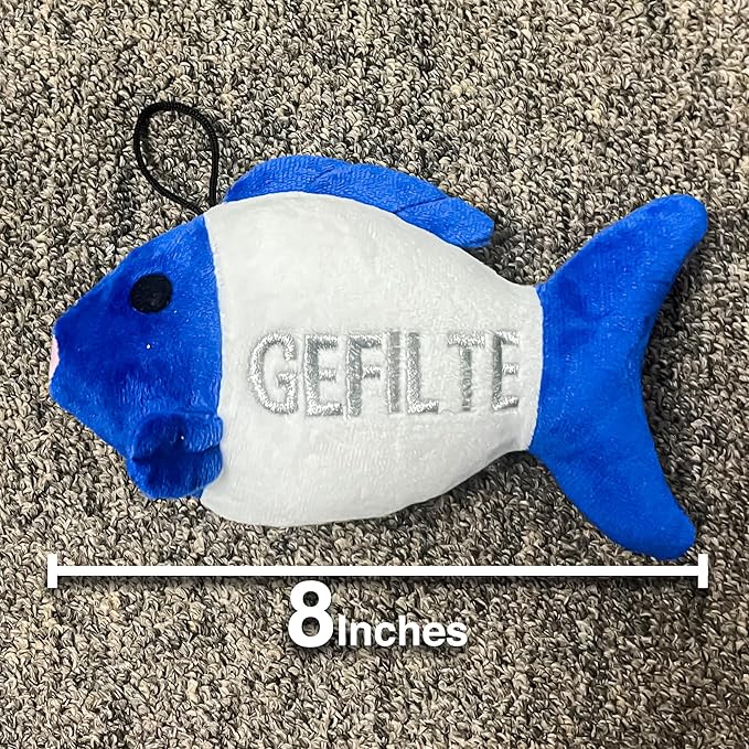 Vaulted Skulls & Co Gefilte Fish Dog Toy | Stuffed Squeaky Gefilte Fish Dog Toy | Jewish Themed Plush Dogs Toys | Realistic Animal Dogs Toys | Blue & White | Small/Medium Breed | 8"