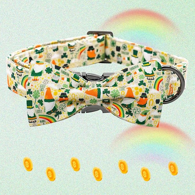 Elegant little tail St. Patrick's Dog Collar, Green Clover Print Sturdy Soft Dog Collars Pet Gift Puppy Bowtie Adjustable Pet Collars for Small Dogs
