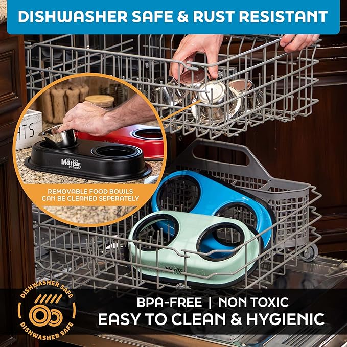 Master Pet Supply Double Dog Bowls Set with Elevated Base and 2 (8 oz) Stainless Steel Removable Dishes (Black Velvet) – Double Cat Food Water Bowl, Dog Puppy Food Bowl Set, Rust Resistant