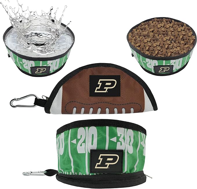 Pets First NCAA Purdue Boilermakers Collapsible Dog Travel Bowl, Food and Water Bowl for Dogs & Cats. Lightweight Leak-Proof Pet Bowl for Travel with Football Field & Pebble-Grain Design