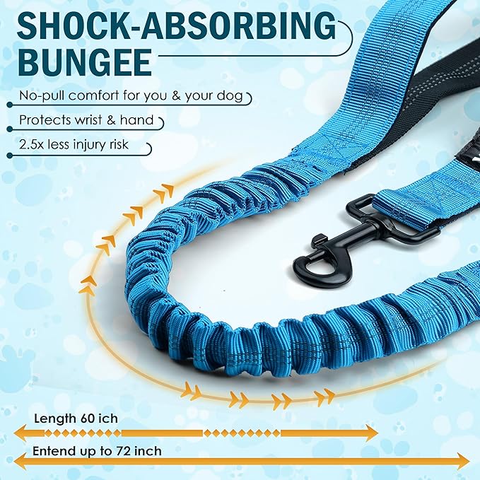 Hands Free Dog Leash with Waist Belt – No-Pull Bungee, Dual Padded Handles & Zipper Pouch for Running, Walking & Training – Adjustable Waist Leash for Large & Medium Dogs