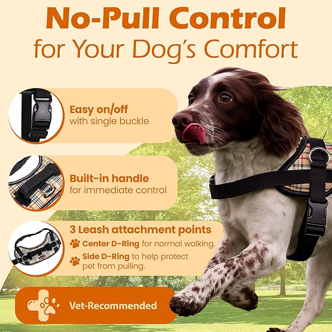 Bark Appeal Tan Plaid No-Pull Dog Harness for Extra Small Sized Pets – Adjustable, Reflective Vest with 3 Leash Clips for Added Control, Easy Walks & Training – XS